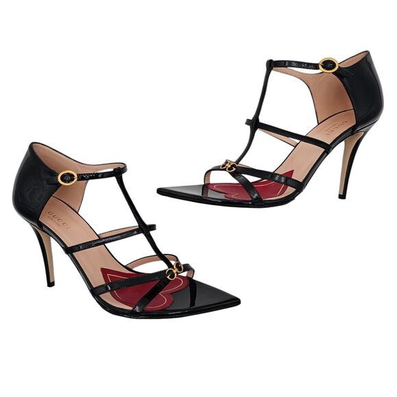 Gucci GG Jerry Patent Leather Cage Sandal Size 38.5 US 8.5 Black Pointed Toe - Picture 5 of 9